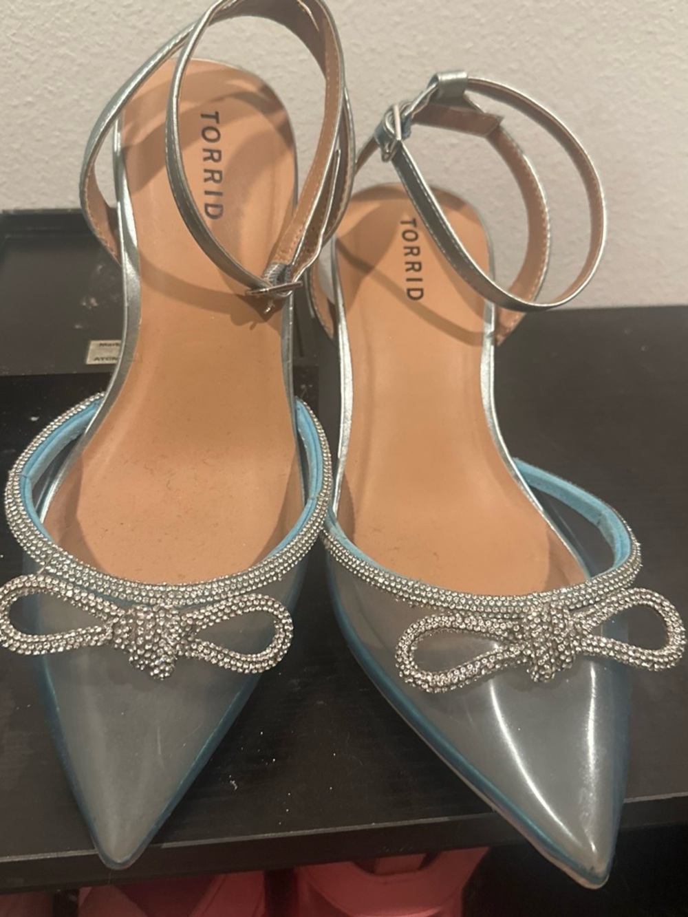 torrid Silver Pointed Toe Ankle-Strap Flats with Rhinestone Bow Accent
